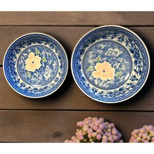 Andrea by Sadek Set 2 Pc. Blue Imari Style Serving Bowls With Pink Flower Japan